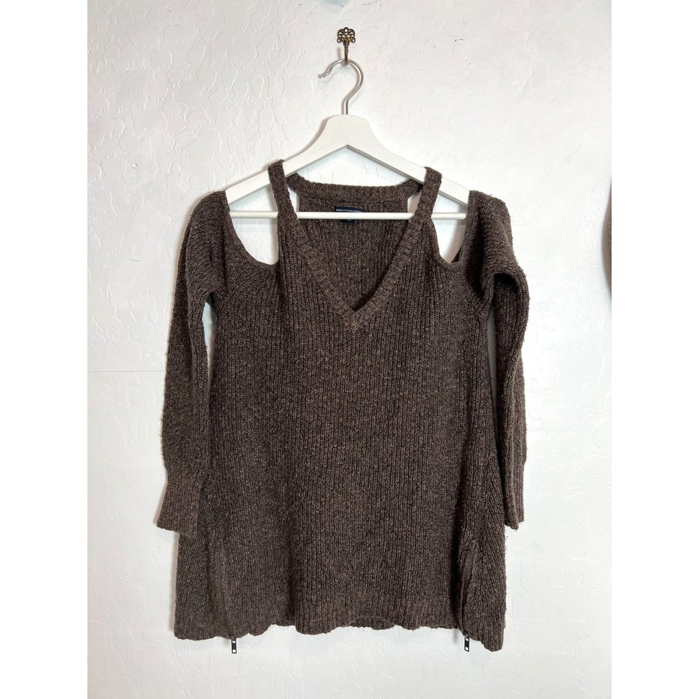 American Eagle Cold Shoulder Sweater Sz L Brown Knit V Neck Long Sleeve Zipper